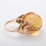 Faceted Citrine Sphere Floating in Gold Crescents Ring - side detail Faceted Citrine Sphere Floating in Gold Crescents Ring - side detail