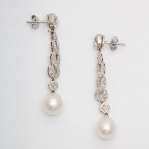 Pearl and Diamond Drop Earrings - side view