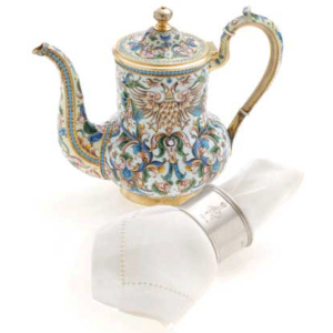 Russian CloisonnÃ© Enamel Teapot and Silver Napkin Ring with Imperial Monogram