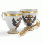 Romanov Eagle Porcelain Ice Cups by the Berlin Factory and Russian Antique Gold Spoon