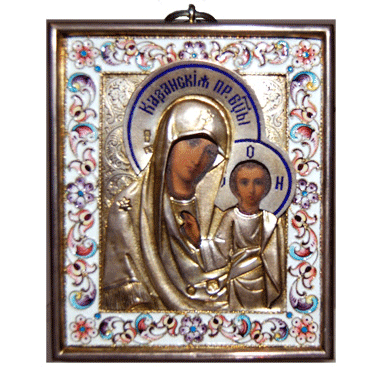 Gilded Silver and Cloisonné Enamel Our Lady of Kazan Icon