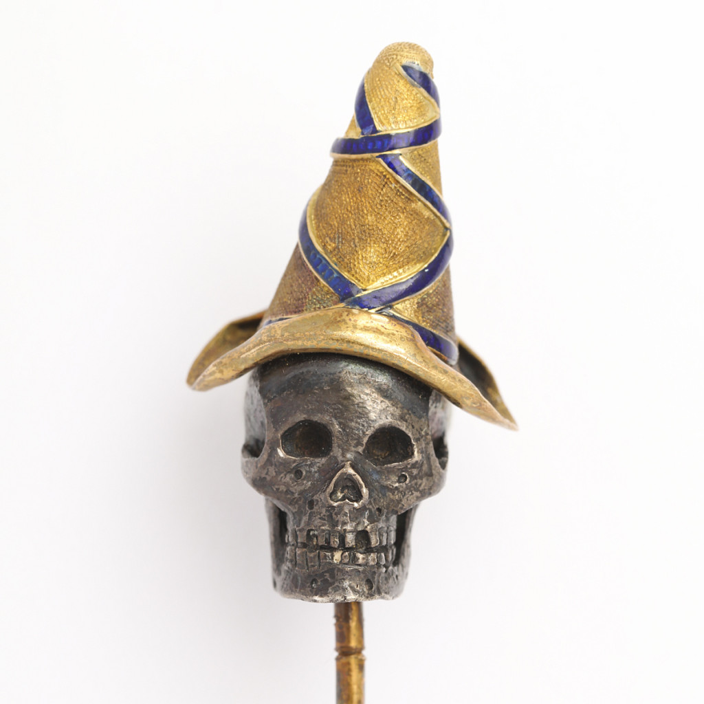Antique Gold, Silver and Enamel Skull Stickpin