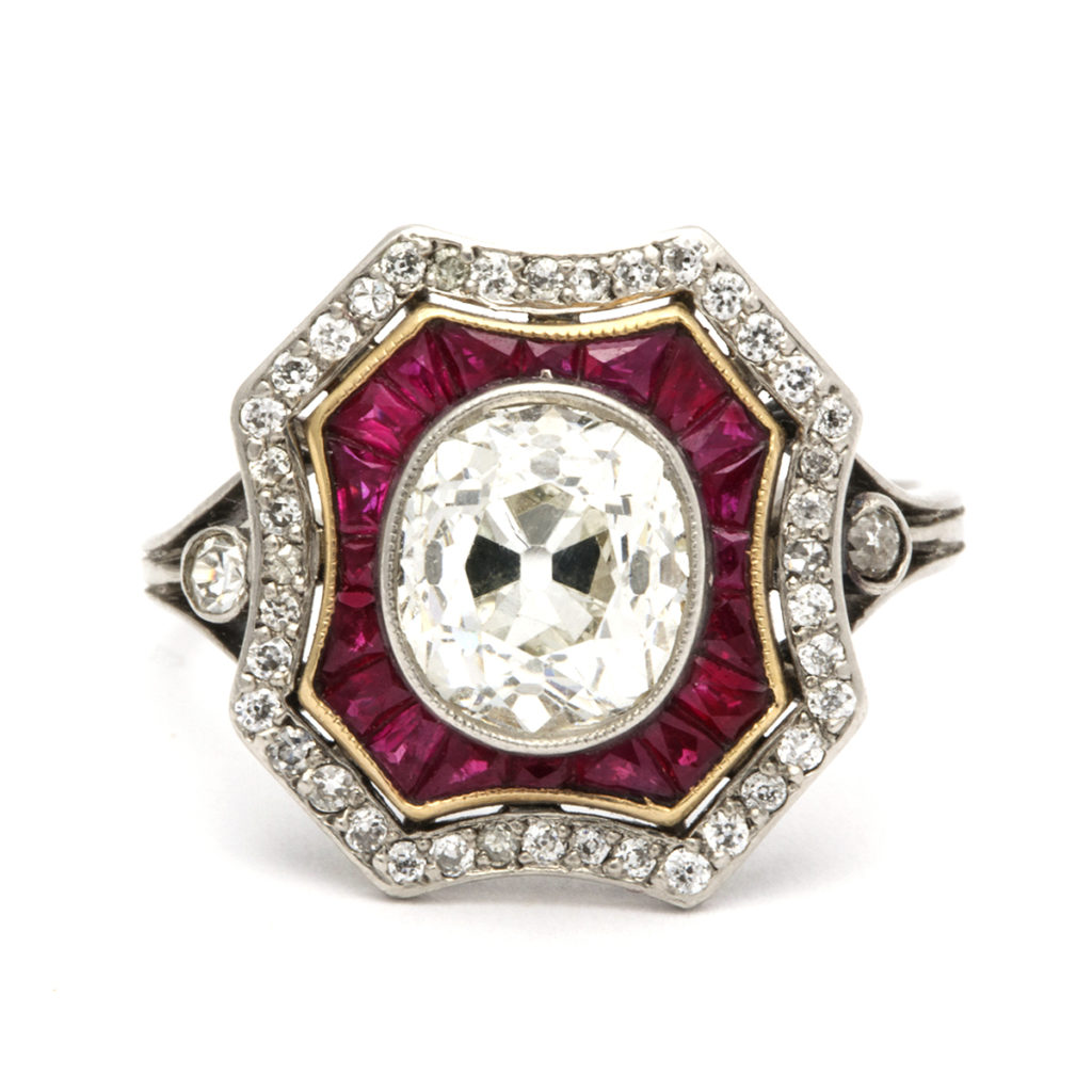 main view, Vintage Ruby and Diamond Cluster Ring