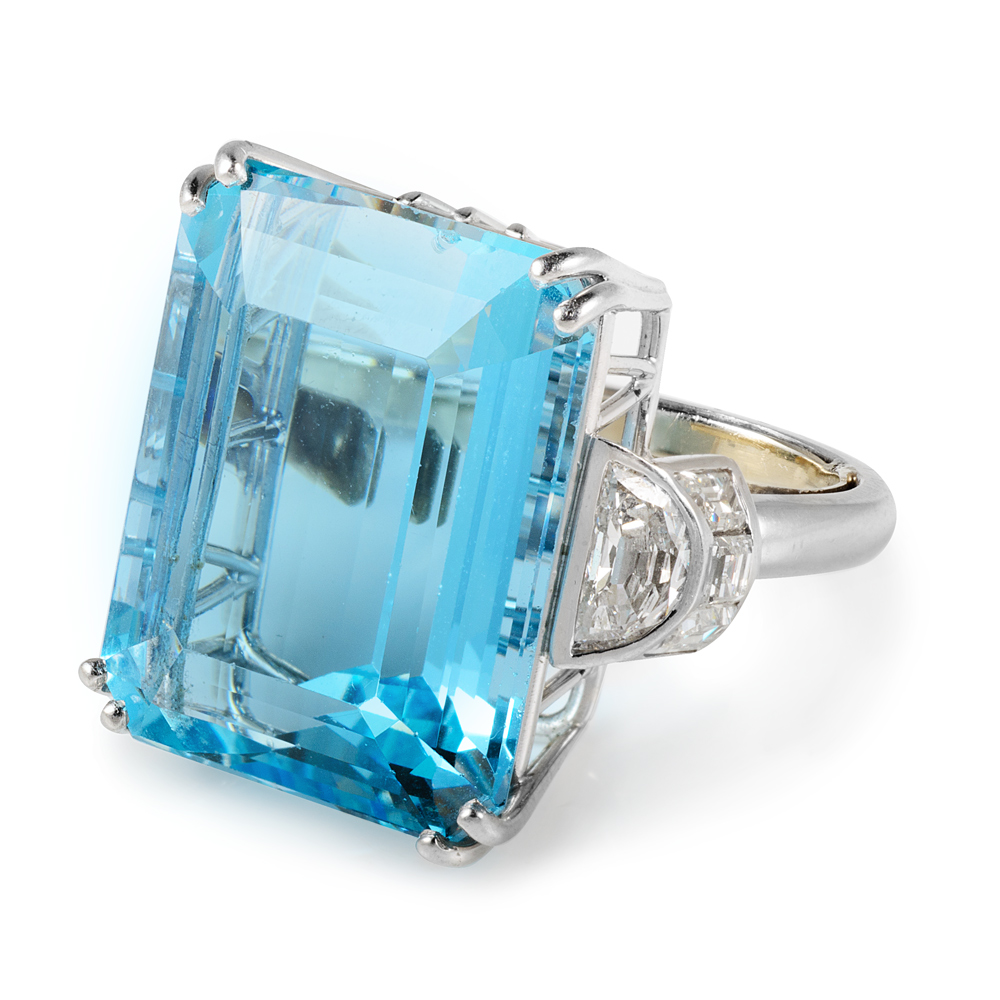 other view facing left, Antique Aquamarine and Diamond Cocktail Ring
