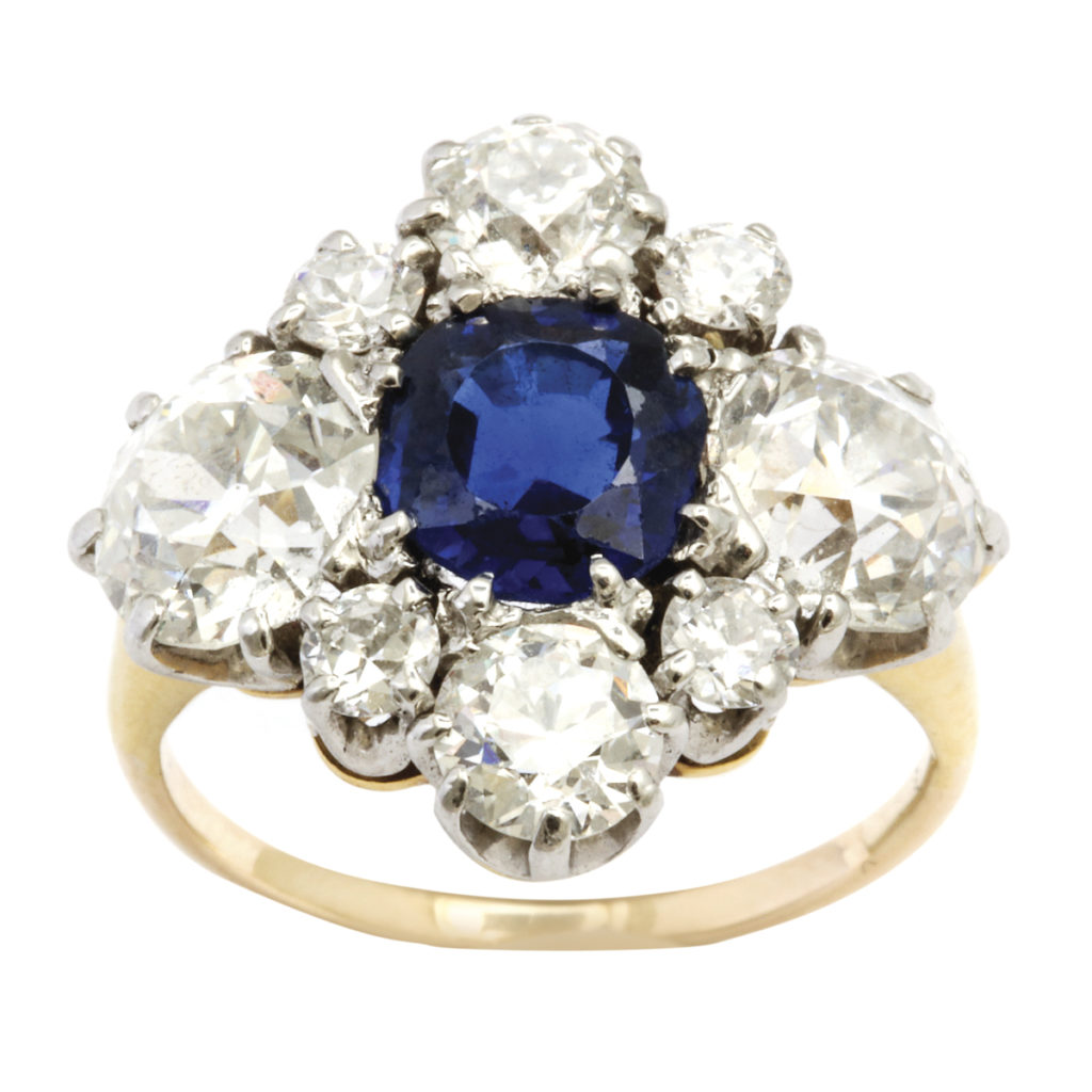 main view, Antique Sapphire and Diamond Quatrefoil Ring