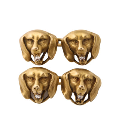 main view, Gold and Diamond Dog Head Cufflinks
