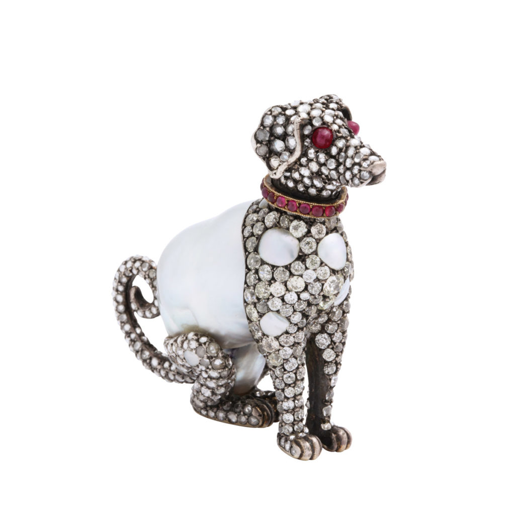 main view, Antique Baroque Pearl and Diamond Dog Figurine and Pendant