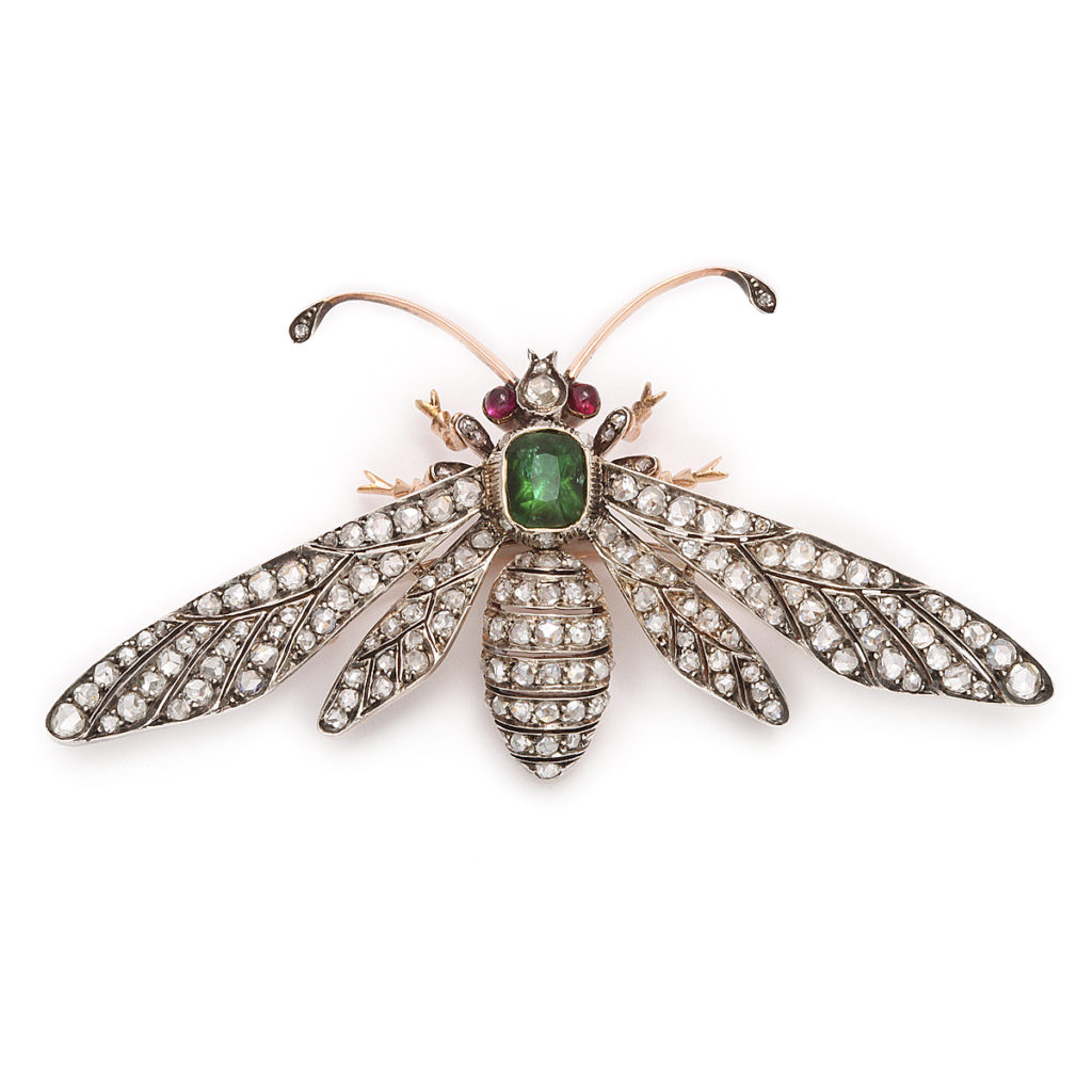 main view, Diamond and Emerald Antique French Wasp Brooch by Fontana