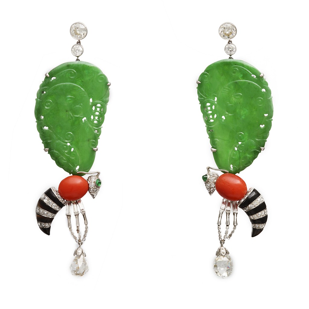 Contemporary Gem and Jade Wasp Earrings