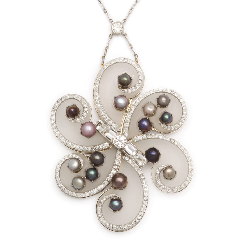 main view, 1960s Frosted Rock Crystal, Diamond, and Natural Pearl Pendant