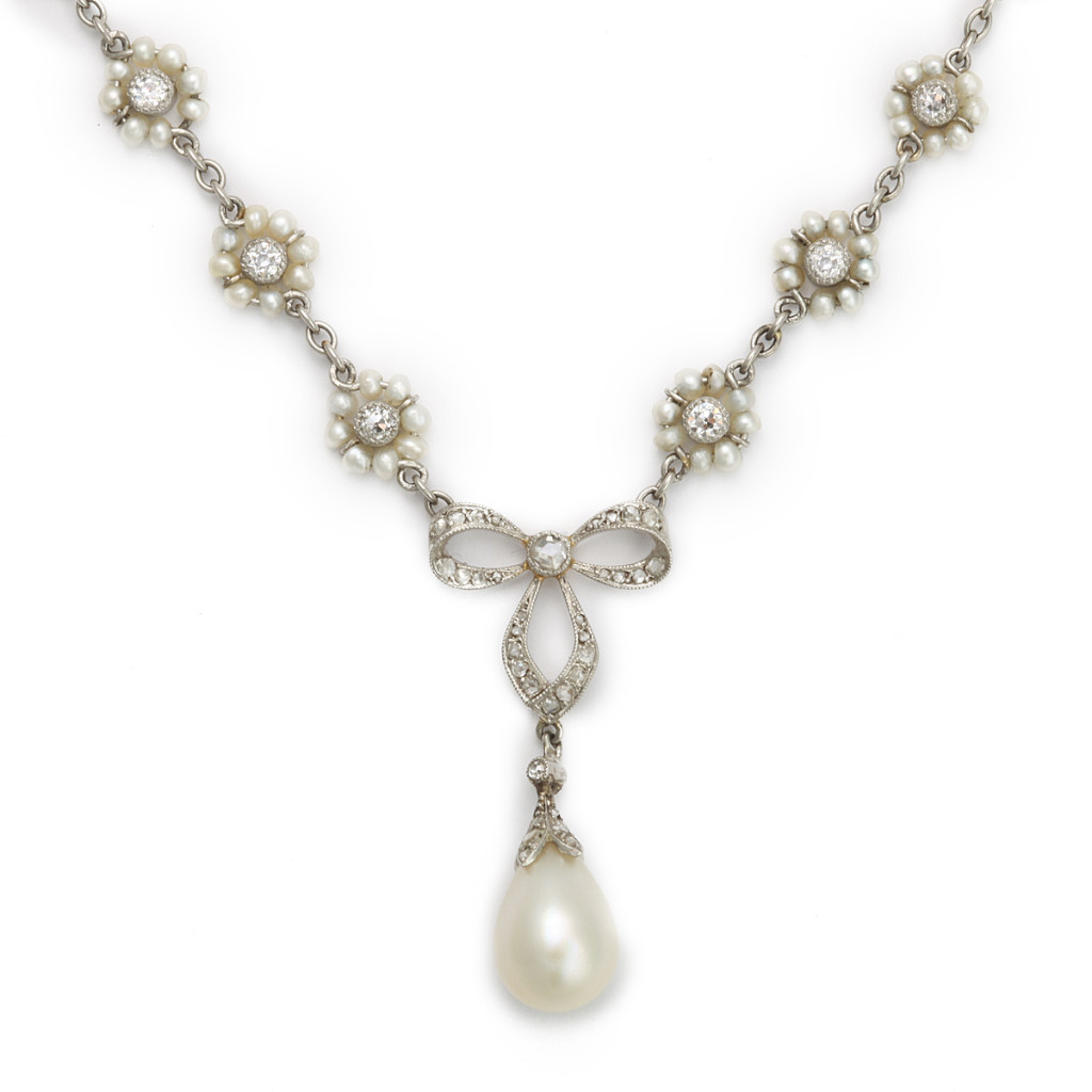 Antique Diamond and Natural Pearl Cluster Necklace