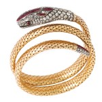 Victorian Old-Mine Diamond and Ruby Coiled Snake Bracelet