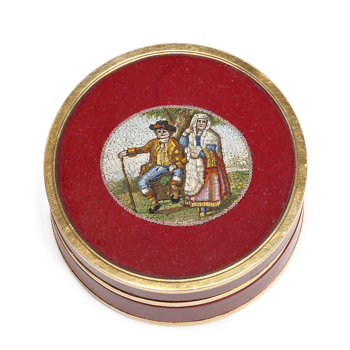 top view of circular red lacquer and purpurine box set with a micromosaic scene in the center