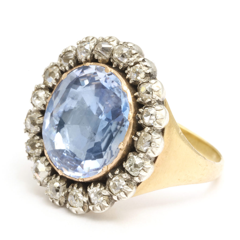 main view, Georgian Sapphire and Old Mine Diamond Cluster Ring