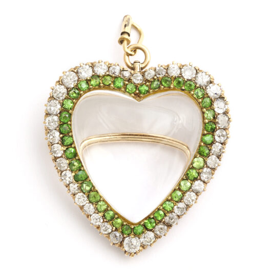 Victorian Rock Crystal, Demantoid, and Diamond Puffy Heart Pendant