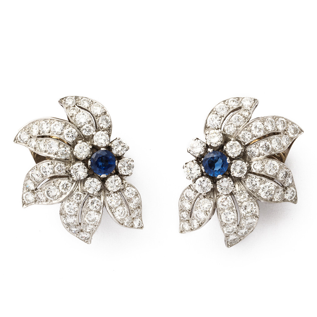 Art Deco Sapphire and Diamond Floral Clip Earrings