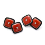main view, square coral, onyx, and diamond cufflinks