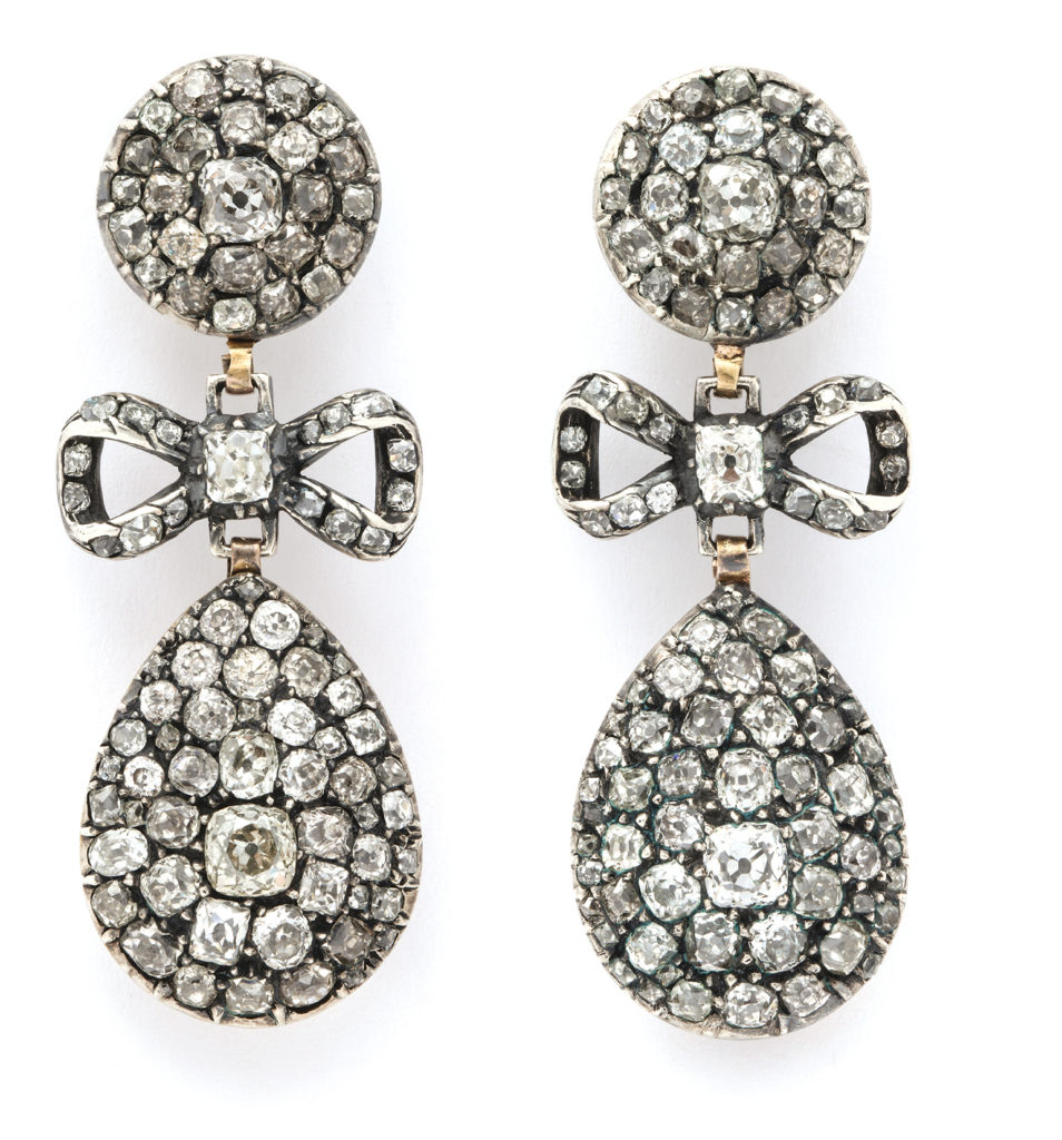 main view, Antique Old Mine Diamond Drop Earrings