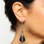 Model wearing 1950s Onyx and Diamond Drop Earrings