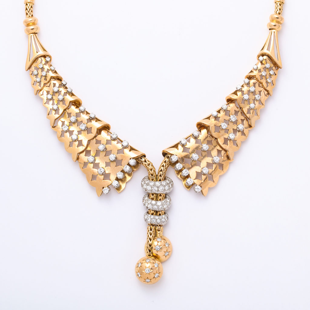 close up, 1950s Gold and Diamond Collar Necklace