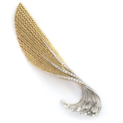 main view, Gold, Platinum, and Diamond Feather Brooch