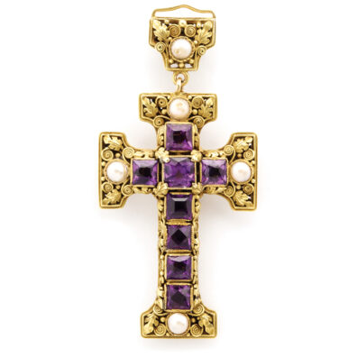 front view, Arts and Crafts Gold and Amethyst Cross Pendant