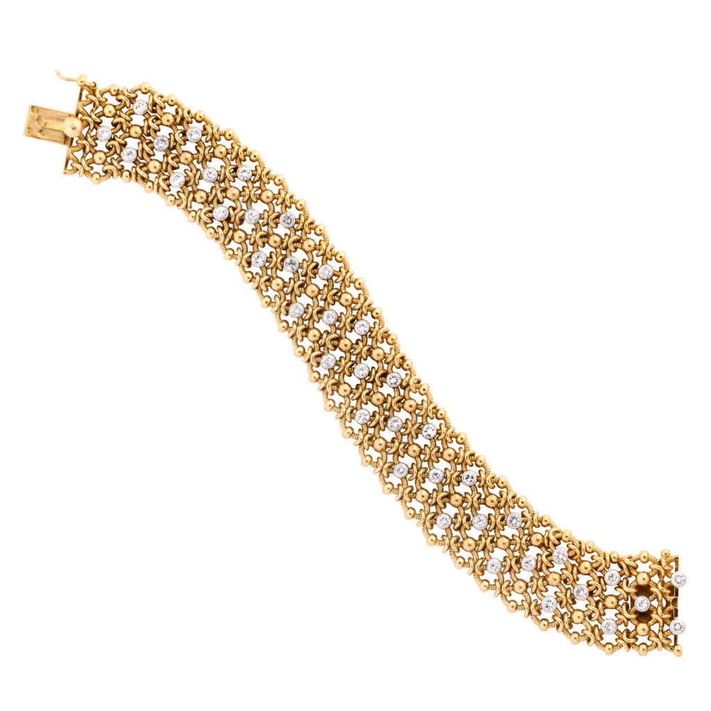 main view, 1950s Woven Gold and Diamond Bracelet by Cartier