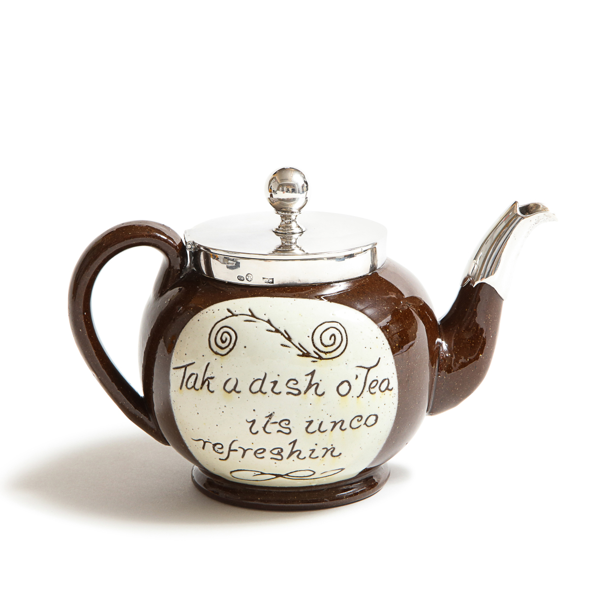 teapot only view of set of FabergÃ© Scottish Cumnock Pottery Motto Ware Teapot and Sugar Bowl