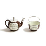 main view, Fabergé Scottish Cumnock Pottery Motto Ware Teapot and Sugar Bowl