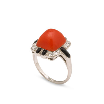 main view, 1920s Caldwell and Company Oxblood Coral Ring
