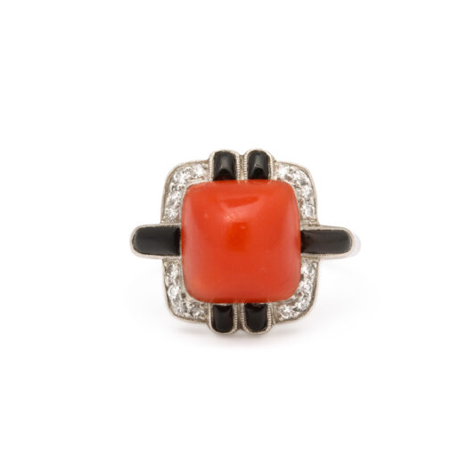 top view, 1920s Caldwell and Company Oxblood Coral Ring