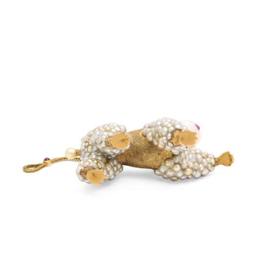 bottom view of antique gold and natural pearl poodle pendant