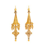 main view of gold filigree pendant earrings