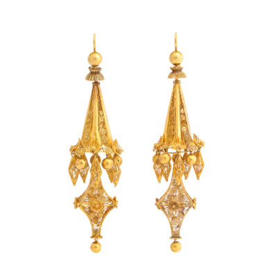 main view of gold filigree pendant earrings