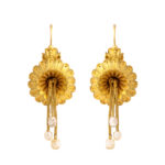 front view of gold Etruscan revival earrings, showing gold strands with pearl drops hanging from the center