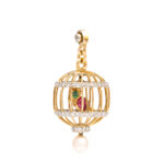 side view of gold and diamond bird cage earring with ruby and emerald parrot