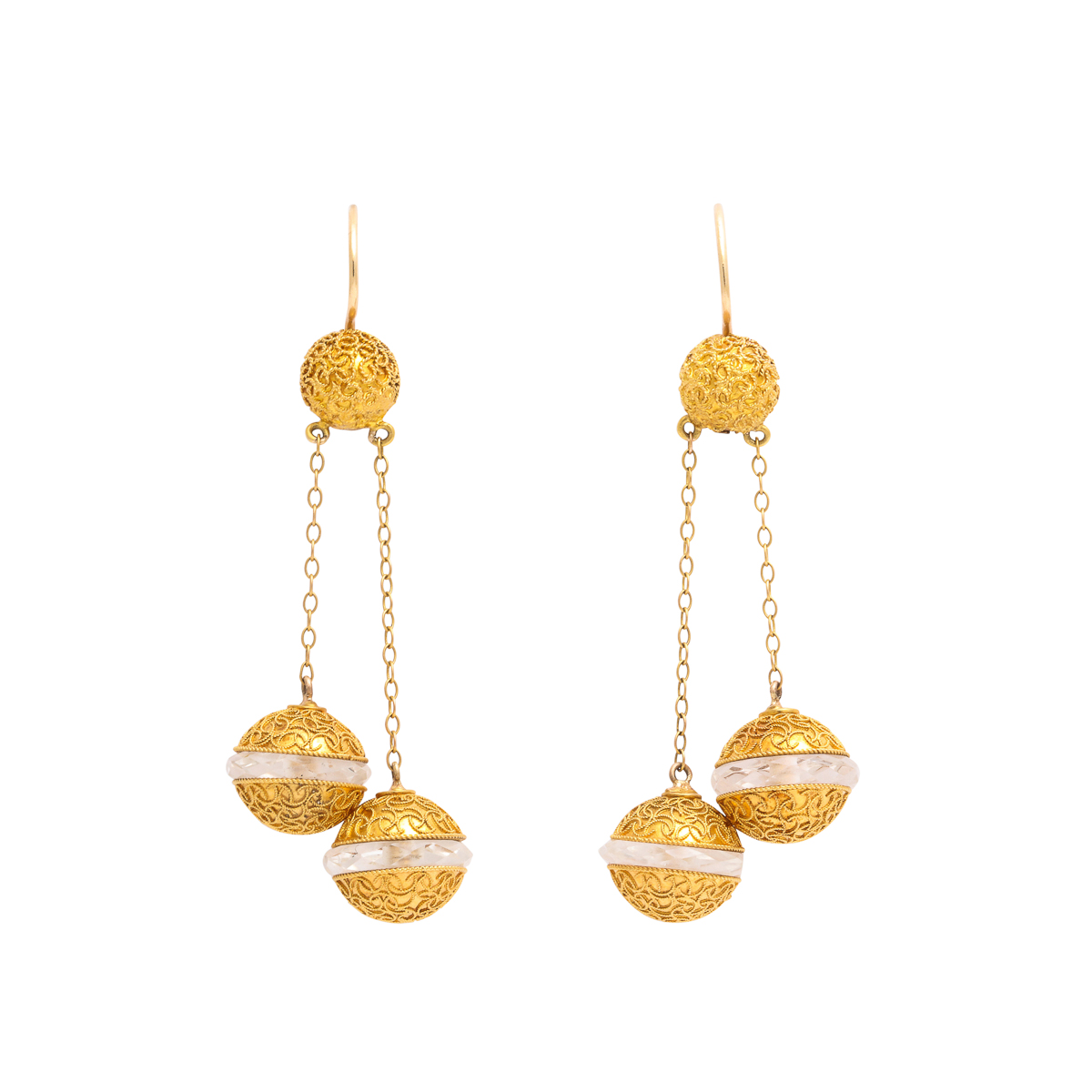 Antique gold double pendant earrings, each gold ball drop designed with a band of faceted rock crystal