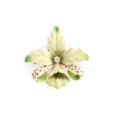 ivory and green enameled orchid brooch set with a diamond and natural pearl