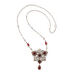 full view of Arts and Crafts garnet necklace, showing the chain