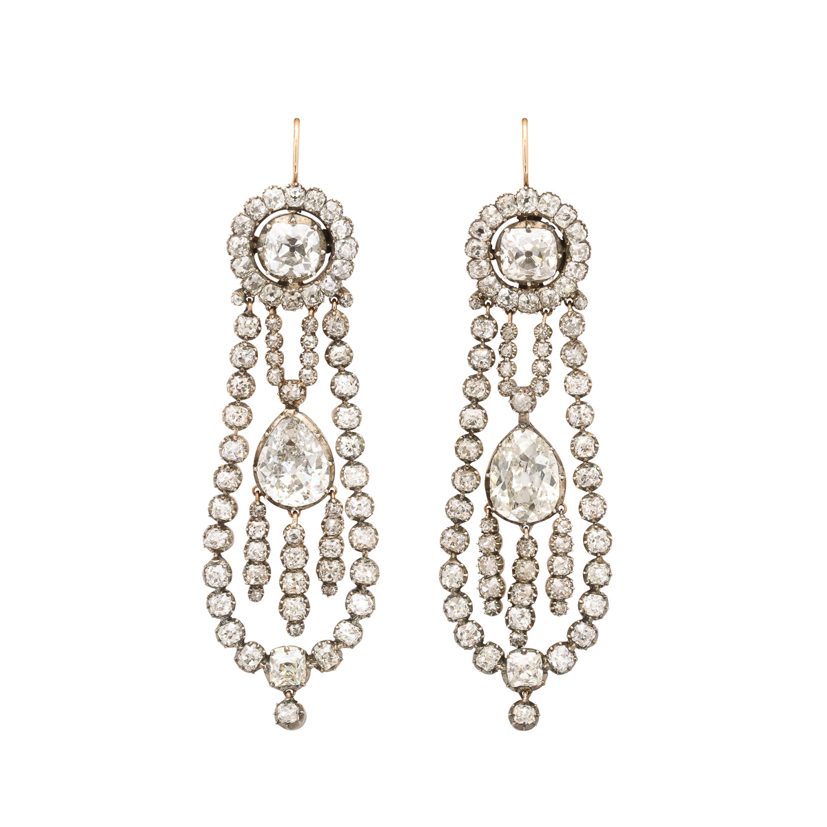 front facing view of antique diamond cluster pendant earrings