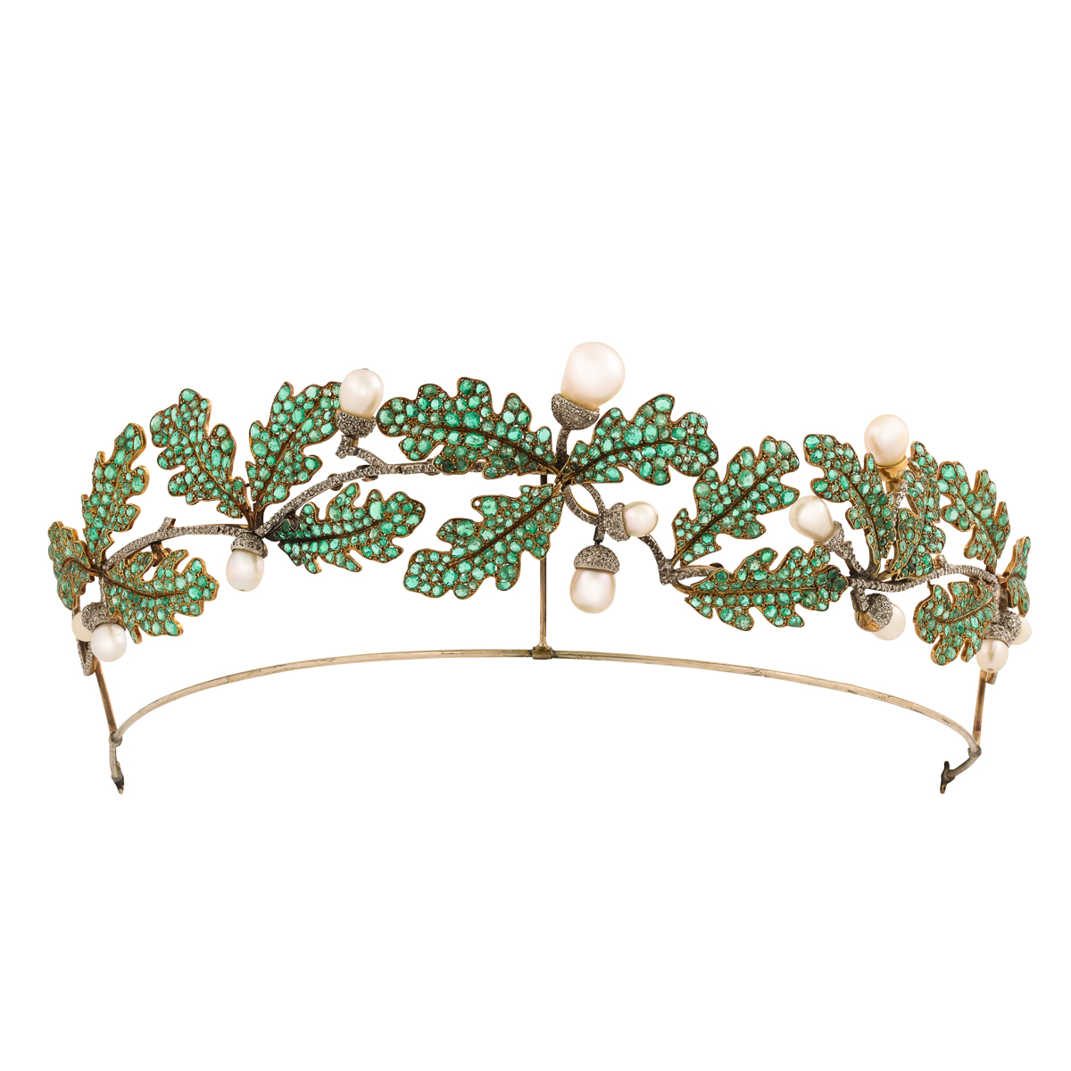 emerald oak leaf tiara set with natural pearl and diamond acorns