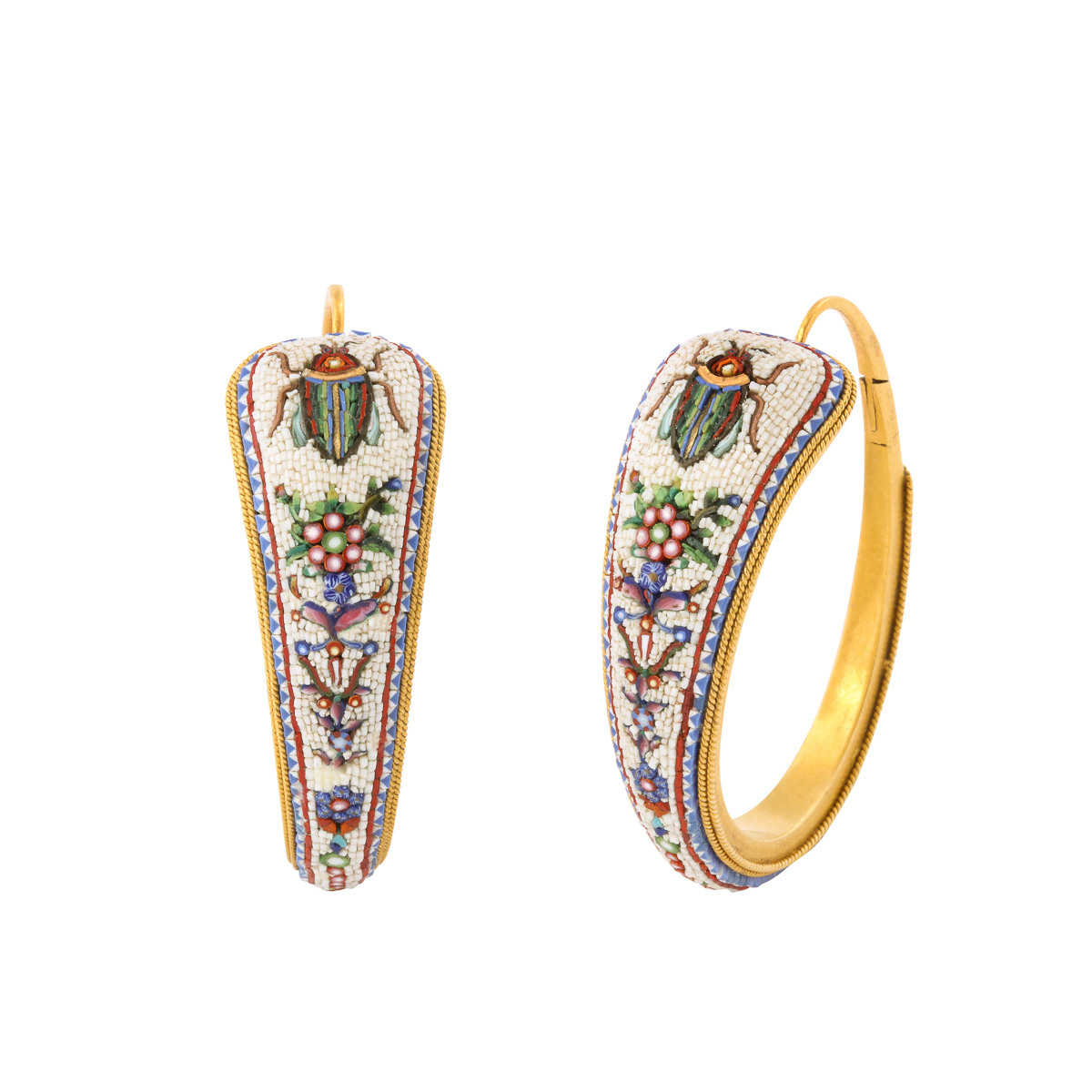 antique gold hoop earrings with micromosaic design of beetles and flowers