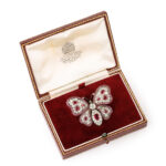antique ruby and diamond butterfly brooch shown in fitted box