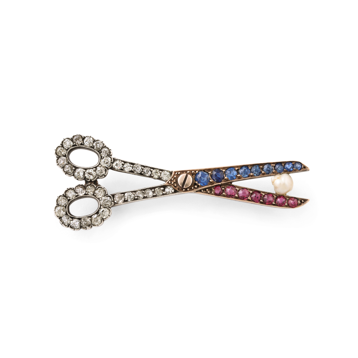 ruby, sapphire, and diamond scissors brooch set with a natural pearl