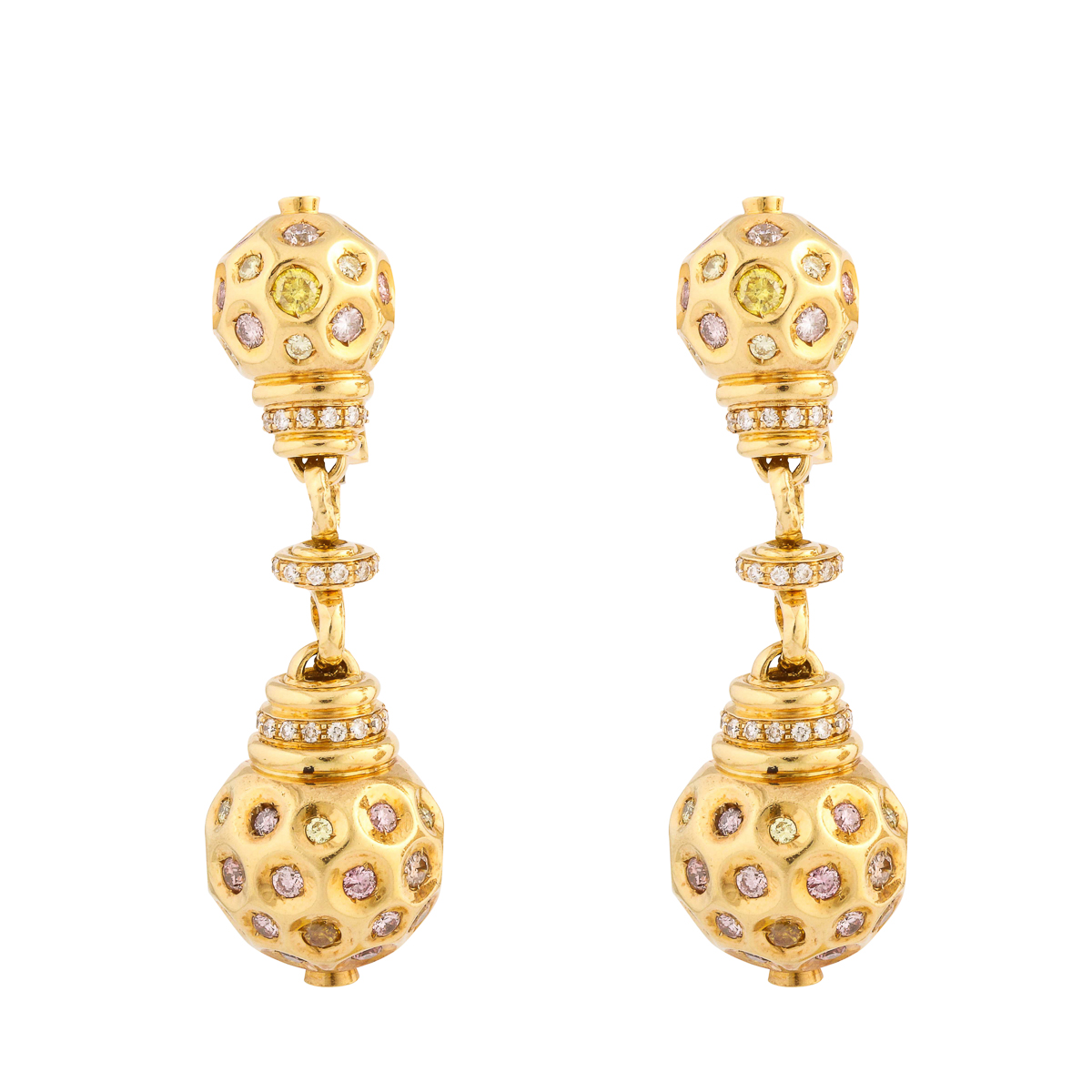 gold spherical pendant earrings set with white, yellow, and pink diamonds