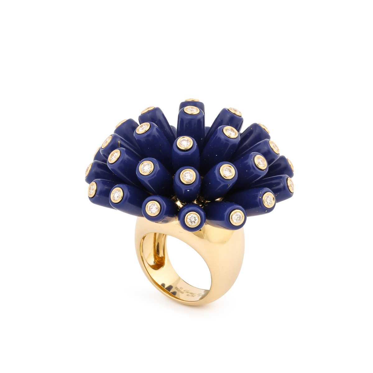gold ring set with long lapis beads, each topped with a diamond