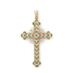 double-sided gold, enamel, and natural pearl cross pendant. This side decorated with daisies.