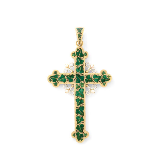 double-sided gold, enamel, and natural pearl cross pendant. This side decorated with ivy.