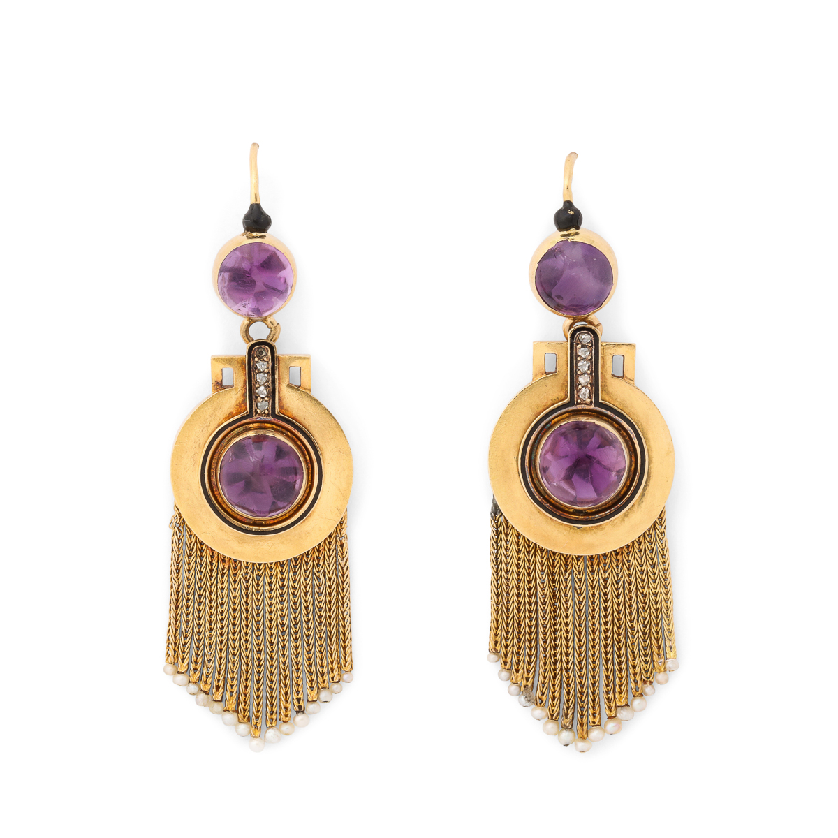 main view of gold, amethyst, diamond, and black enamel pendant earrings with gold and natural pearl fringe