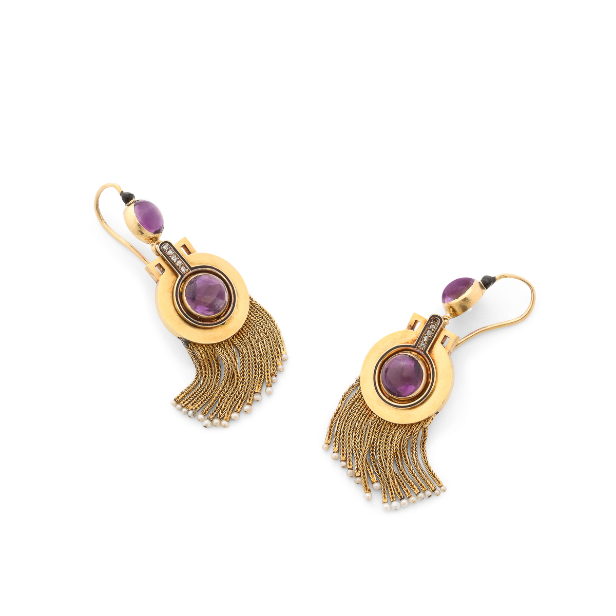 other view of gold, amethyst, diamond, and black enamel fringe earrings, illustrating the articulation of the fringe